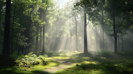Fototapeta premium Sunbeams illuminating misty forest path with light filtering through trees for evoking peaceful solitude natural wonder and serene atmosphere in tranquil woodland concept.