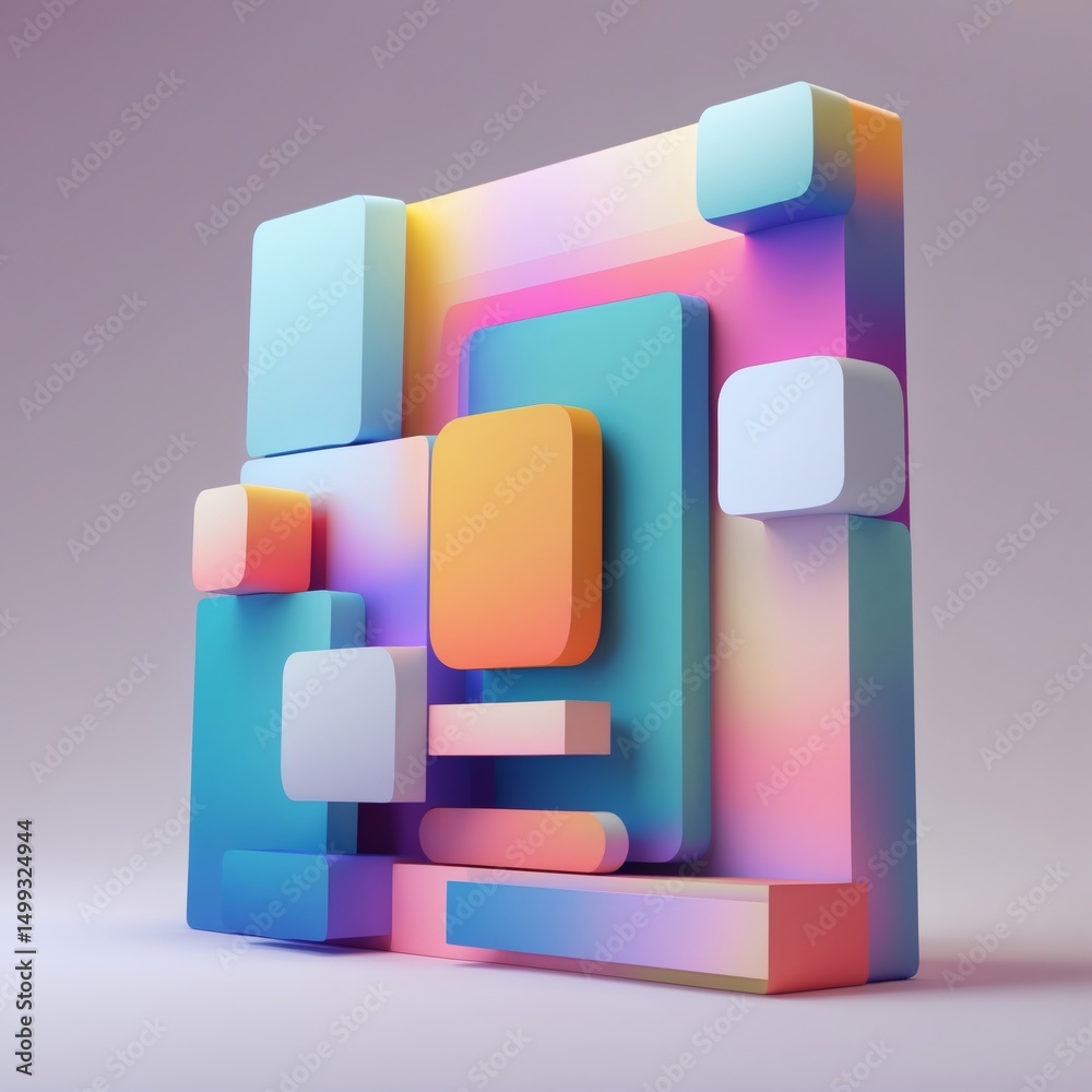 Poster A vibrant and captivating 3D abstract shapes composition. The artwork is a showcase of colors, forms, and textures. The composition has various three-dimensional block structures.