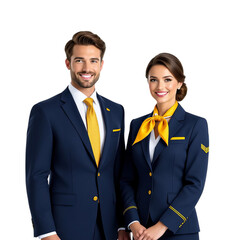 Professional Flight Attendants, Isolated Transparent Background, Navy Blue and Gold Uniforms