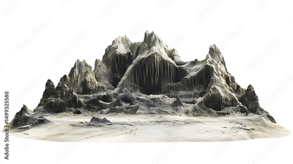 Poster isolated mountain range with sharp peaks and cave like structures on a white background landscape vi