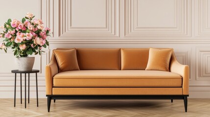 Stylish orange sofa with decorative pillows in a modern interior featuring a floral arrangement