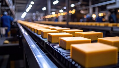 Fototapeta premium Production Line of Yellow Cheese Blocks in Modern Factory Setting