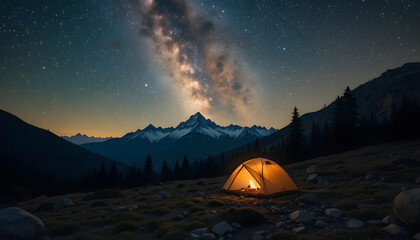 Isolated tent under the stars, quiet mountain camping scene