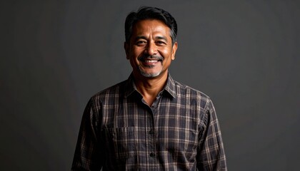 Obraz premium Smiling Man in Plaid Shirt Against Dark Background Portrait