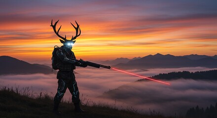 Deer hunter with rifle at sunset. Ideal for hunting, fantasy, and sci-fi projects.