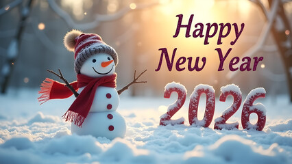 Snowy greetings: A cheerful snowman heralds the arrival of Happy New Year 2026