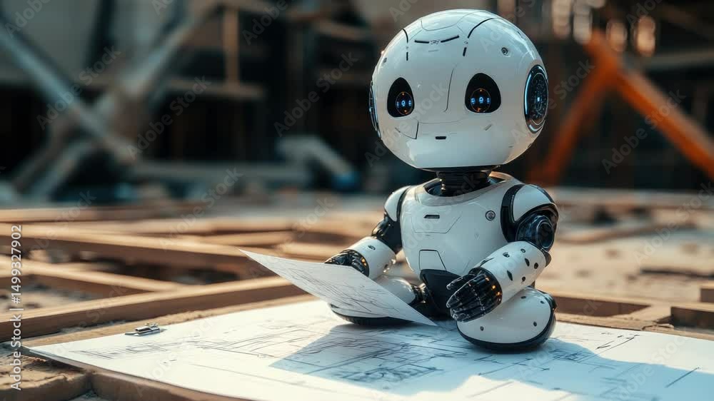 Poster advanced futuristic robot working on architectural blueprints at a construction site, demonstrating 
