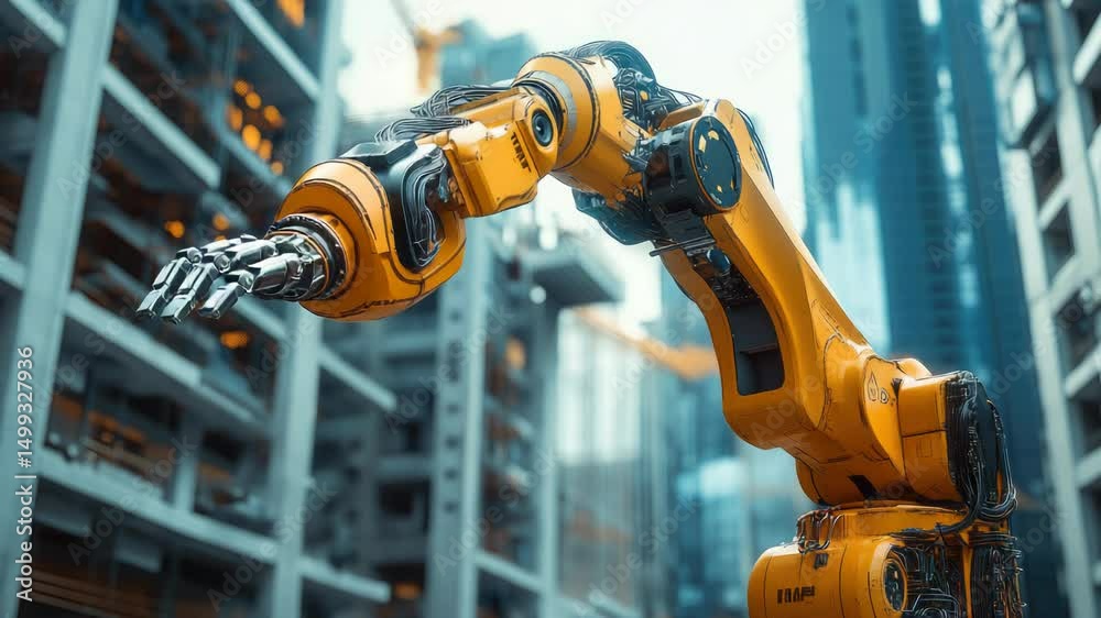 Poster an automated construction site where drones and robots work together to assemble prefabricated build