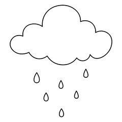 It's raining. Cumulus cloud and drops. Sketch. Vector illustration. Outline on isolated white background. Doodle style. Coloring book for children. Curly cloud, beginning of shower. Doodle style. 