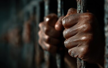 Obraz premium Hands grabbing rusty prison bars, representing concepts of imprisonment, despair, and the need for criminal justice reform