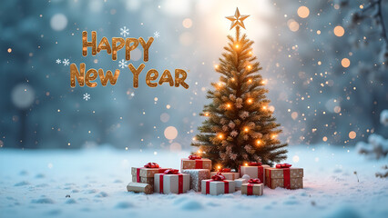 Obraz premium Enchanting New Year Celebration: Sparkling Tree and Gifts in a Winter Wonderland