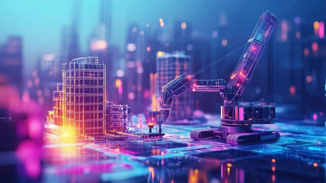 Futuristic construction site with robotic crane and glowing digital buildings in neon cyberpunk cityscape at night, symbolizing innovation, AI technology, and smart urban development.
