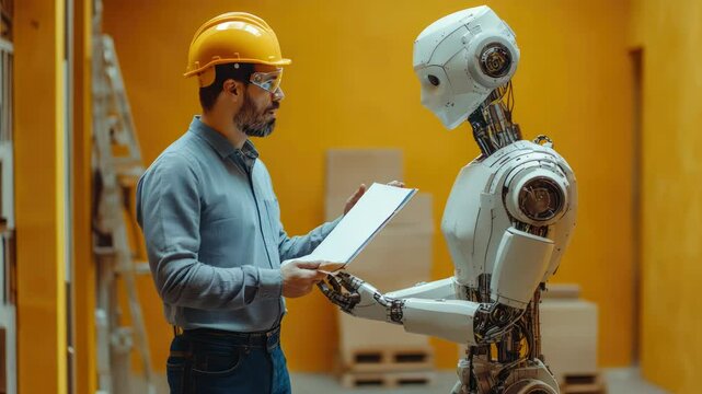 ai robot engineer and a man builder inspection construction work with a robot worker