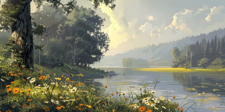 Malowniczy krajobraz z jeziorem, kwitnącymi polnymi kwiatami i lasem w tle, oświetlony słońcem.