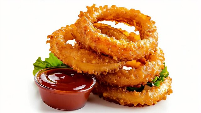 Stack of onion rings with dipping sauce