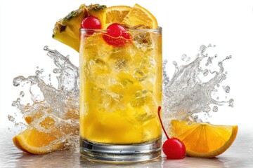 Refreshing tropical cocktail with pineapple, orange, and cherry garnish, accompanied by a dynamic water splash against a clean white backdrop, conveying summer vibes.