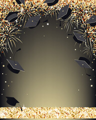 Graduation ceremony banner with graduate caps and gold confetti. Invitation card for grads party or other graduation celebration design. Vector illustration