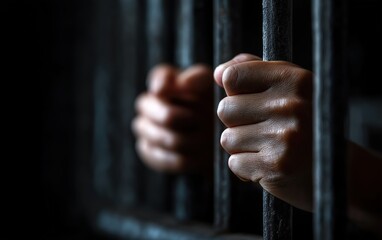 Hands gripping rusty prison bars, conveying a powerful sense of confinement and captivity while reflecting the profound loss of freedom