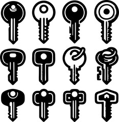 A set of 12 high-contrast black and white key icons featuring clean lines and bold, modern designs. 