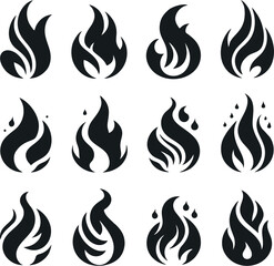 A creative set of twelve abstract fire icons featuring dynamic flame shapes and decorative droplet elements.