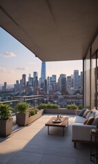 Obraz premium Modern city apartment with rooftop terrace access, stunning skyline view , bedroom, day, minimal