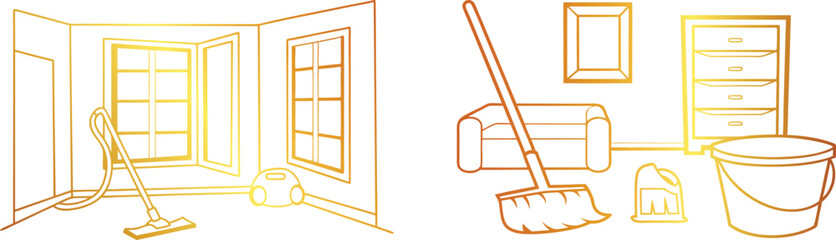 Set of Golden Finish Room Cleaning Line Art Vector Design | Elegant Housekeeping and Cleaning Tools Illustration