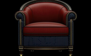 Fototapeta premium Classic red leather armchair with dark navy accents. Ornate detailing, tufted back, and gold trim