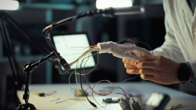 An engineer works intently on a robotic hand, connecting wires and components in a high-tech workshop. The activity showcases the process of creating advanced technology to aid in automation