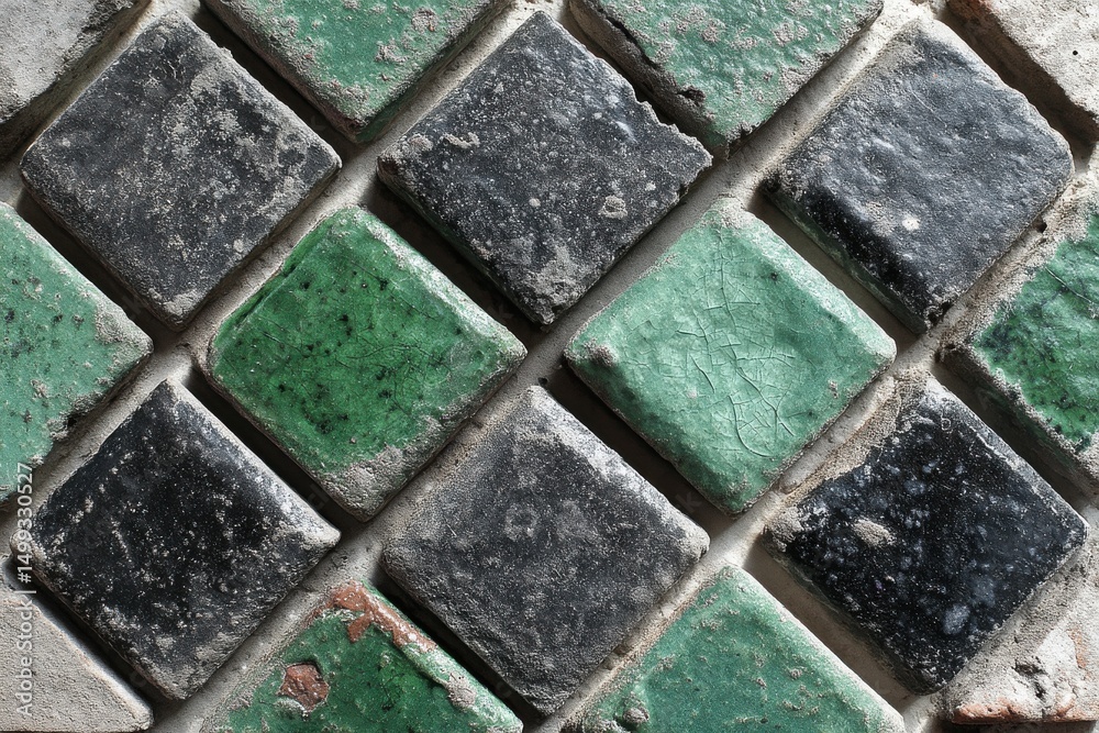 Poster a close-up of a tiled surface with square shapes in alternating green and black colors, showing the 