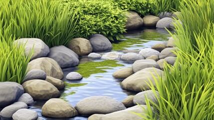 Serene river winding through lush green grass and smooth stones under clear blue sky