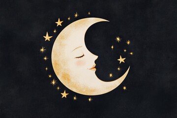 Artistic crescent moon with stars and sleeping face in night sky