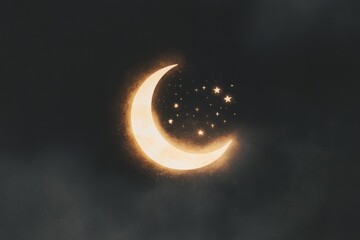 Lunar night sky with glowing crescent moon and stars illustration for dreamy designs