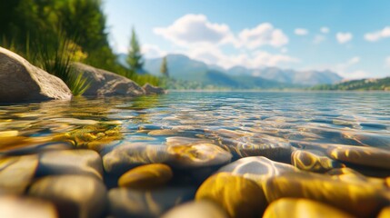 Serene lakeside view with clear water reflecting mountains and lush greenery in the background