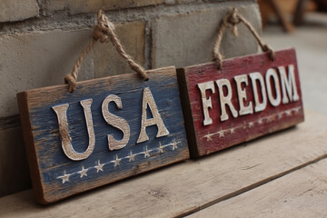 Two wooden signs with the words USA and FREEDOM written on them. The signs are hanging from a rope and are placed on a wooden surface