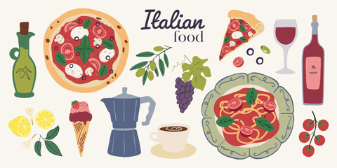 Italian food abstract retro icons. Pizza, pasta, tomato, lemon, olive, wine, gelato.