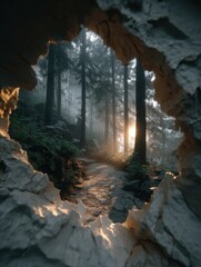 Cave Opening View of Misty Forest Path: Sunlight Through Trees, Mysterious Woods, Nature Exploration, Hidden Trail, Adventure, Ethereal Landscape