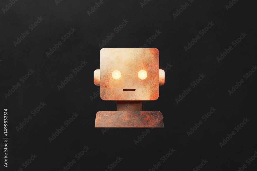 Poster ai chatbot icon design with rustic robot face on dark background for technology interface