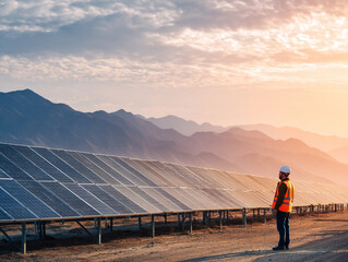 <Solar Panels Illuminated by Sunset in a Picturesque Solar Farm: Renewable Energy and Environmental Sustainability in Mountainous Landscape with Industry Professionals>