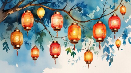 Watercolor Painting of Chinese Lanterns Hanging from Branches on Blue Background