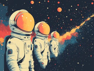 Three Astronauts in Space Exploration: A Retro-Style Journey Through the Cosmos, Unveiling the Wonder and Mysteries of the Universe with Bold Colors.