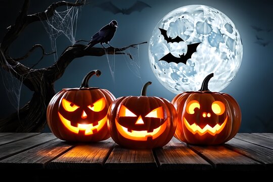 Spooky halloween scene with three carved pumpkins and full moon - Powered by Adobe