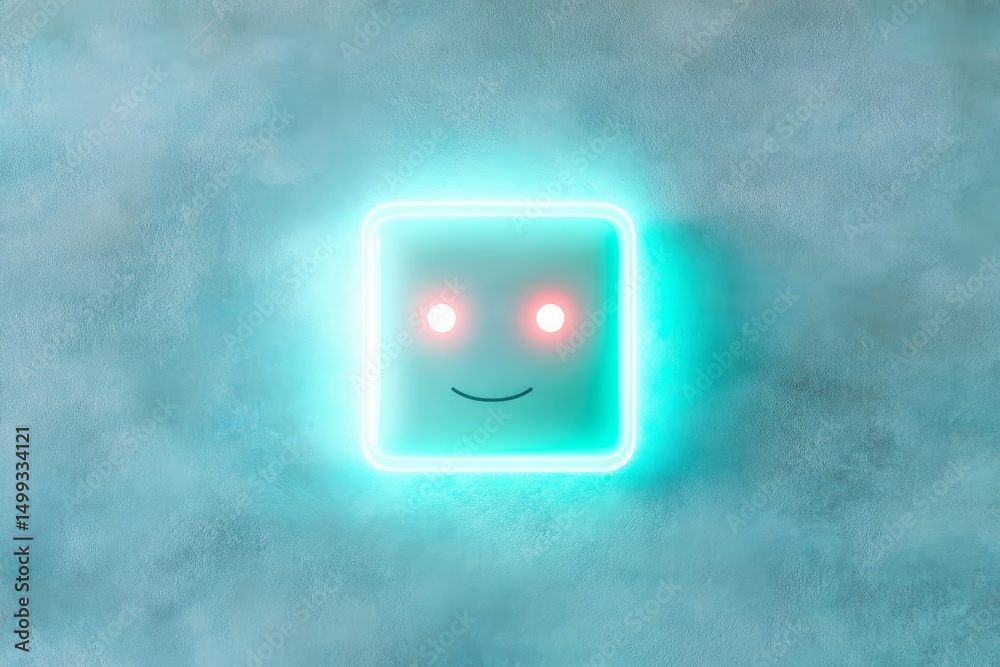 Poster neon glowing ai chatbot icon with smiling face design for tech interfaces