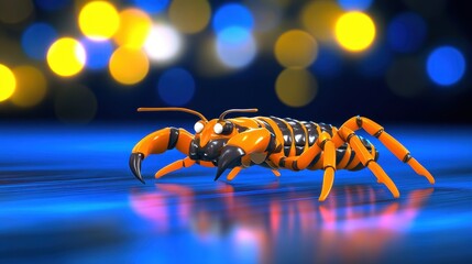 A vibrant robotic crab with orange and black features, set against a colorful bokeh background