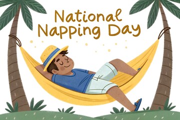 National Napping Day: Man peacefully naps in yellow hammock under palm trees. Cute, relaxing illustration for rest. generative ai