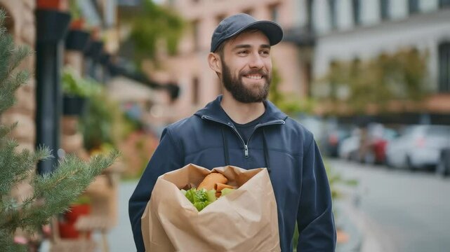Bearded man holding paper bag with fresh vegetables and bread on city street. Local food delivery service. Sustainable urban grocery shopping concept.