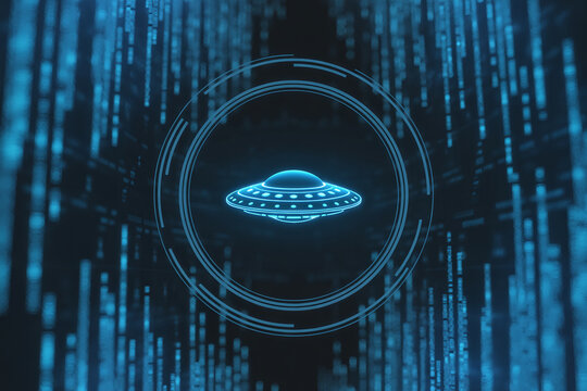 Futuristic glowing blue wireframe UFO centered in circular frame with digital code background in a dark sci-fi tech style

