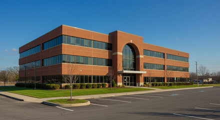 Obraz premium Large brick building with curved glass entrance, modern commercial architecture. 