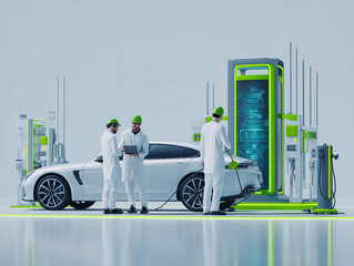 Futuristic Electric Car Charging Stations: Professionals in White Uniforms Focusing on Sustainable Automotive Technology