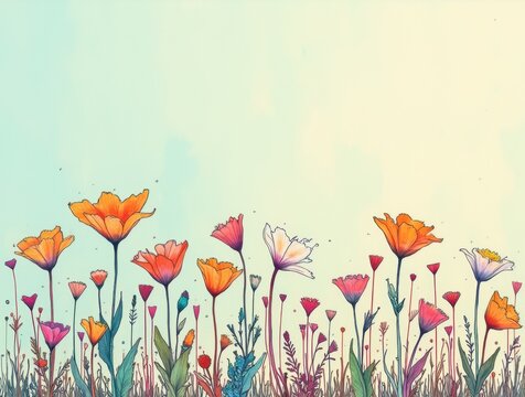 Colorful floral illustration with orange and white flowers on a blue gradient