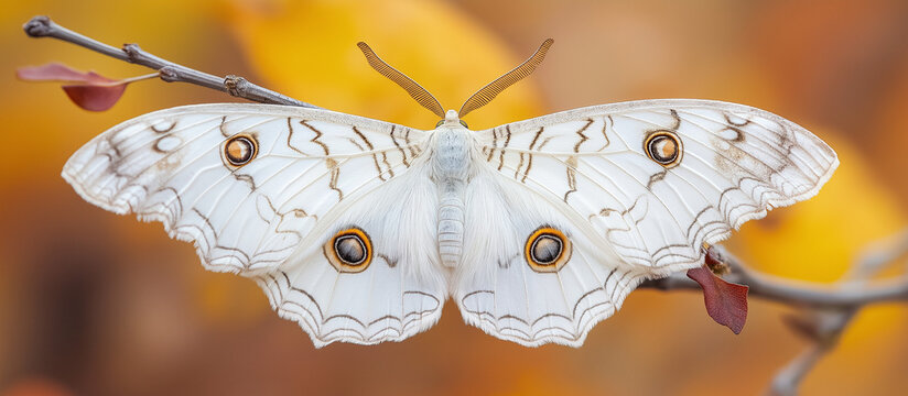 Borboleta pav&atilde;o branca descansando em galhos secos contra um fundo desfocado de cor de outono Copie o espa&ccedil;o para seu texto